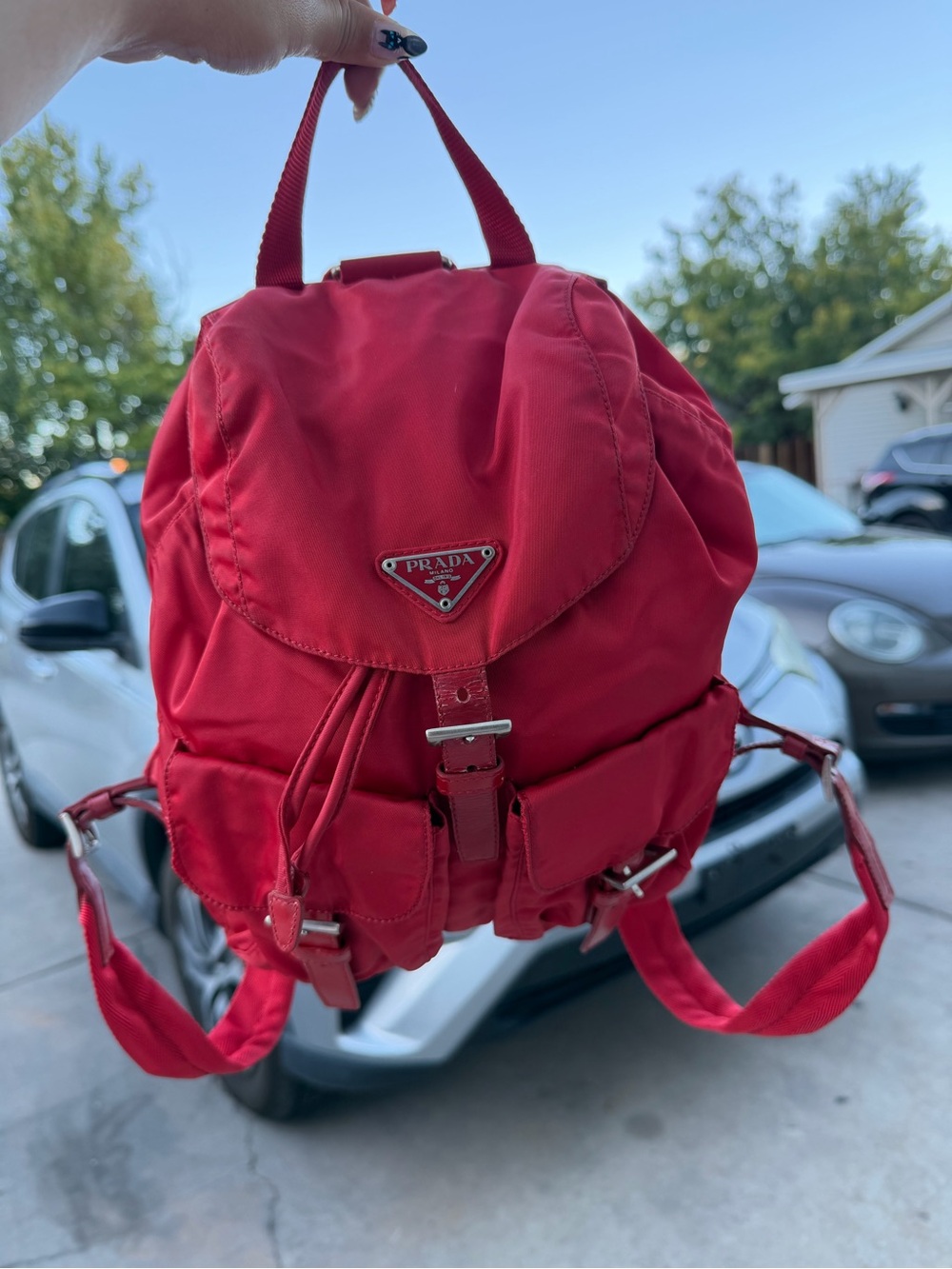 Prada Red Nylon Backpack with Silver-Tone Hardware